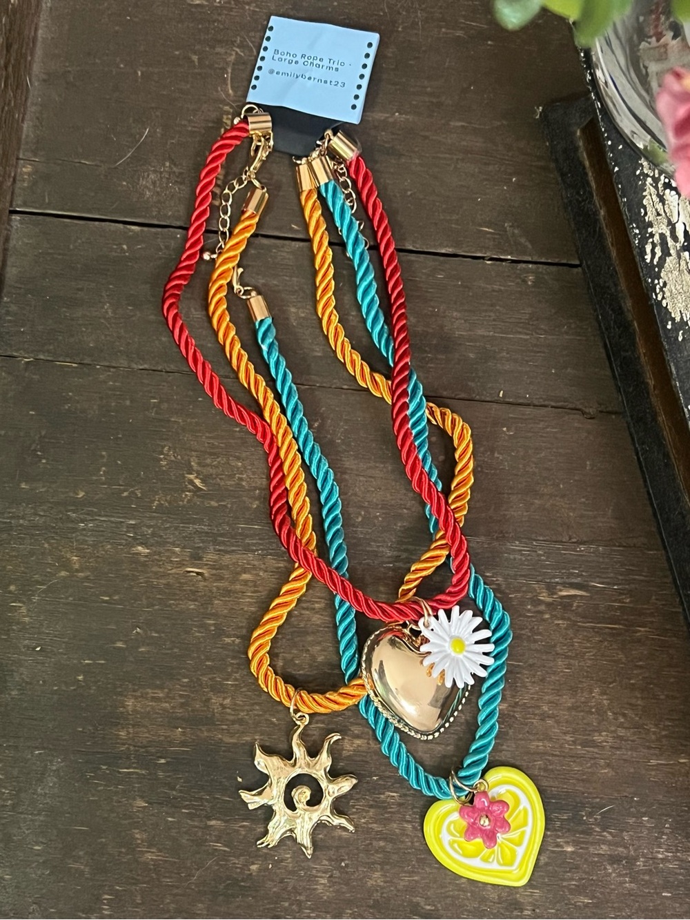 Colorful Rope Multi-Strand Pendant Necklace - Red, Teal & Gold Accents